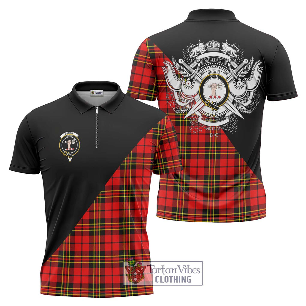 Brodie Modern Tartan Zipper Polo Shirt with Family Crest and Military Logo Style Unisex - Tartanvibesclothing Shop