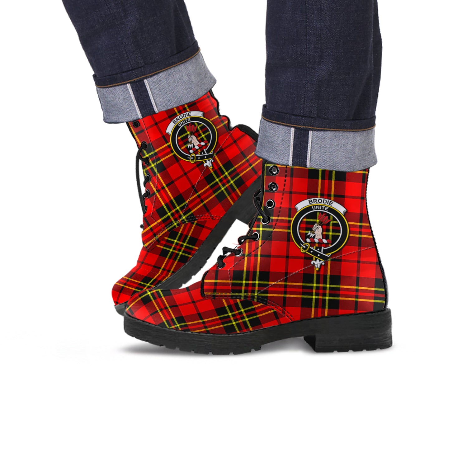 Brodie Modern Tartan Leather Boots with Family Crest - Tartanvibesclothing