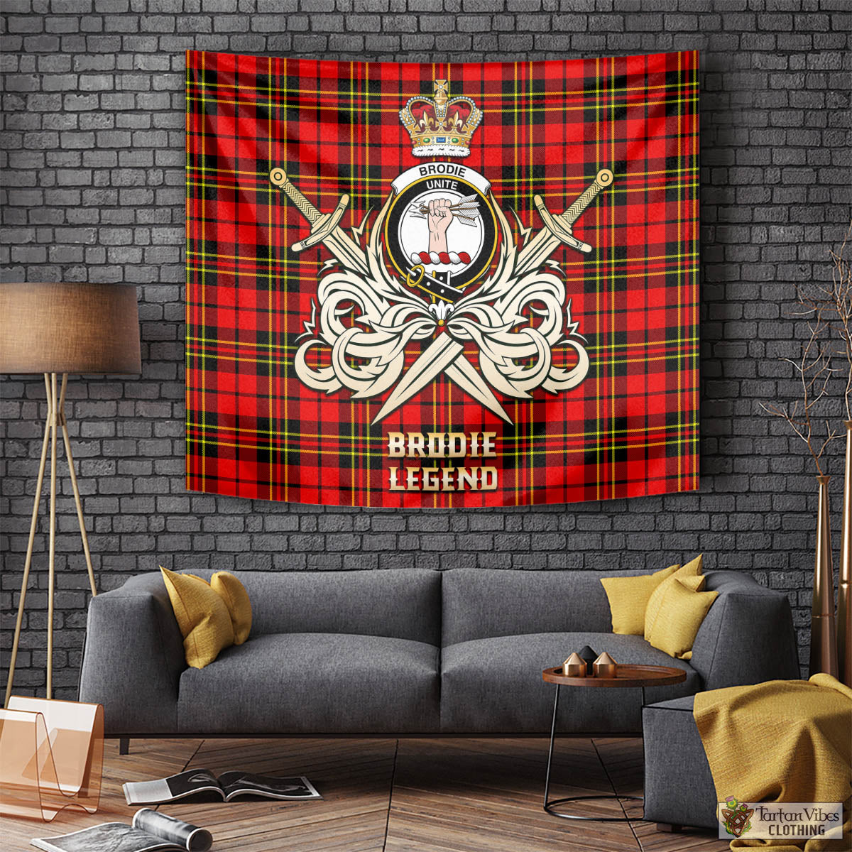 Tartan Vibes Clothing Brodie Modern Tartan Tapestry with Clan Crest and the Golden Sword of Courageous Legacy