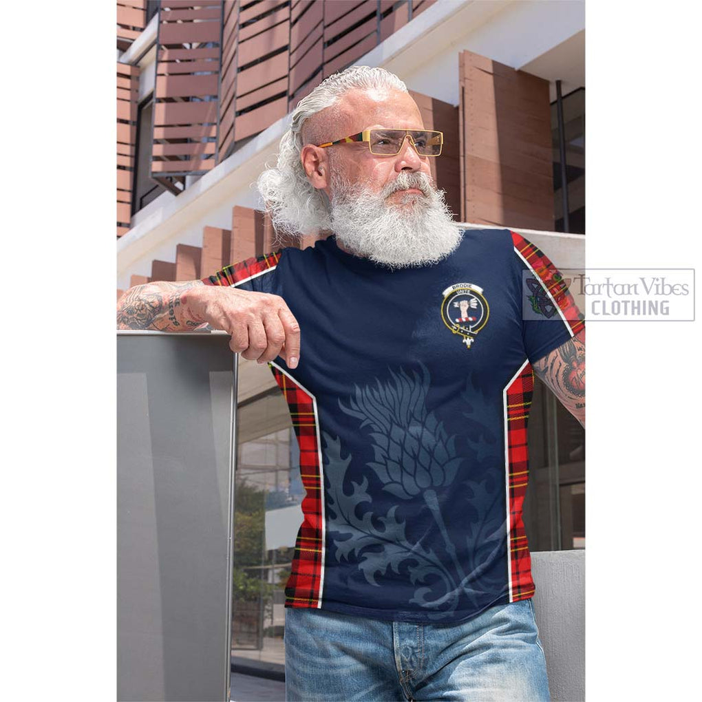 Tartan Vibes Clothing Brodie Modern Tartan Cotton T-shirt with Family Crest and Scottish Thistle Vibes Sport Style