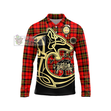 Brodie Modern Tartan Long Sleeve Polo Shirt with Family Crest Celtic Wolf Style