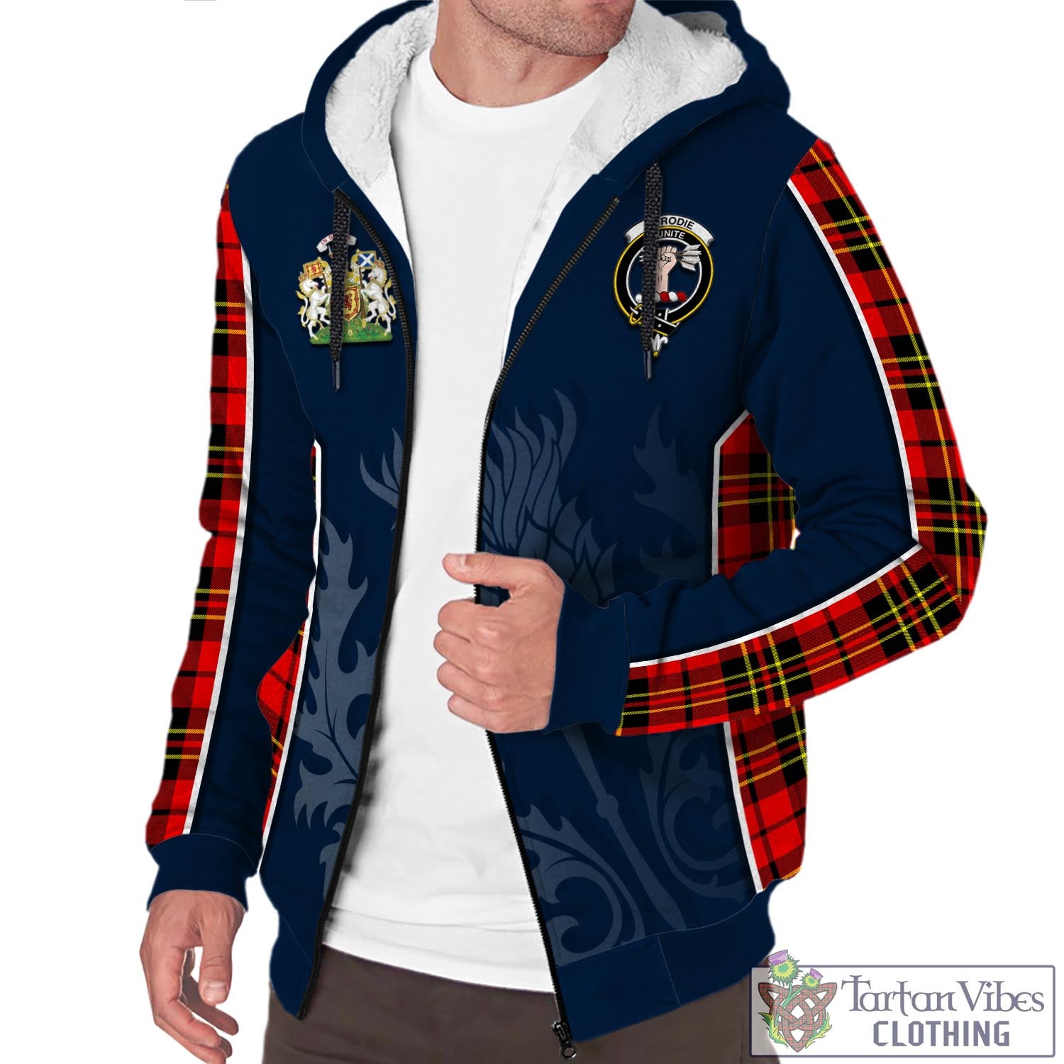 Tartan Vibes Clothing Brodie Modern Tartan Sherpa Hoodie with Family Crest and Scottish Thistle Vibes Sport Style