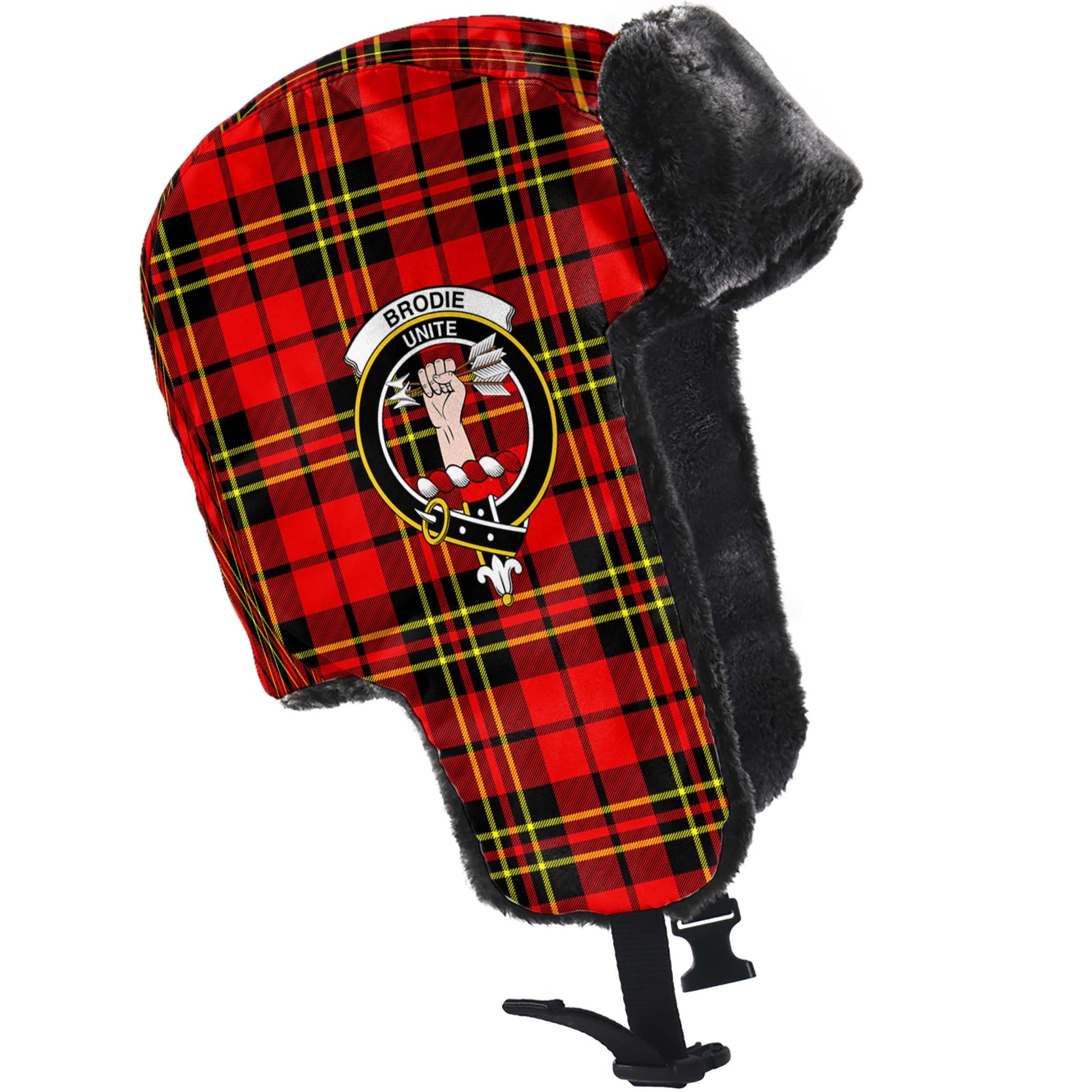 Brodie Modern Tartan Winter Trapper Hat with Family Crest - Tartanvibesclothing