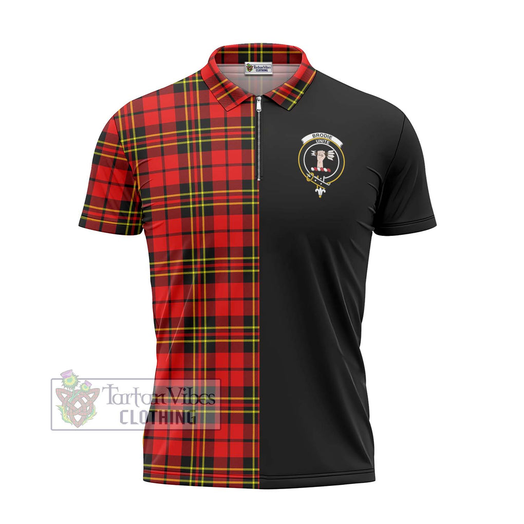 Brodie Modern Tartan Zipper Polo Shirt with Family Crest and Half Of Me Style - Tartanvibesclothing Shop