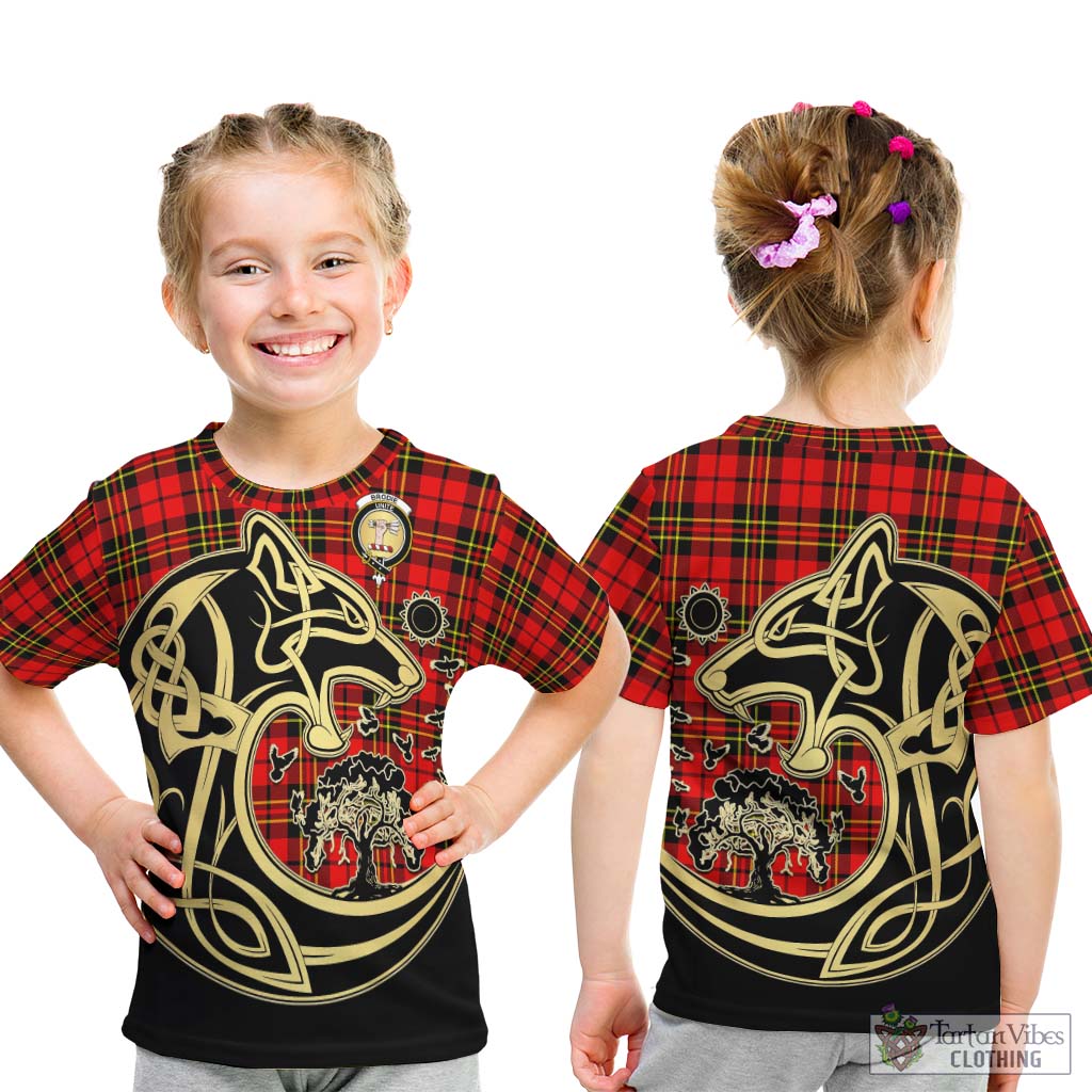 Tartan Vibes Clothing Brodie Modern Tartan Kid T-Shirt with Family Crest Celtic Wolf Style