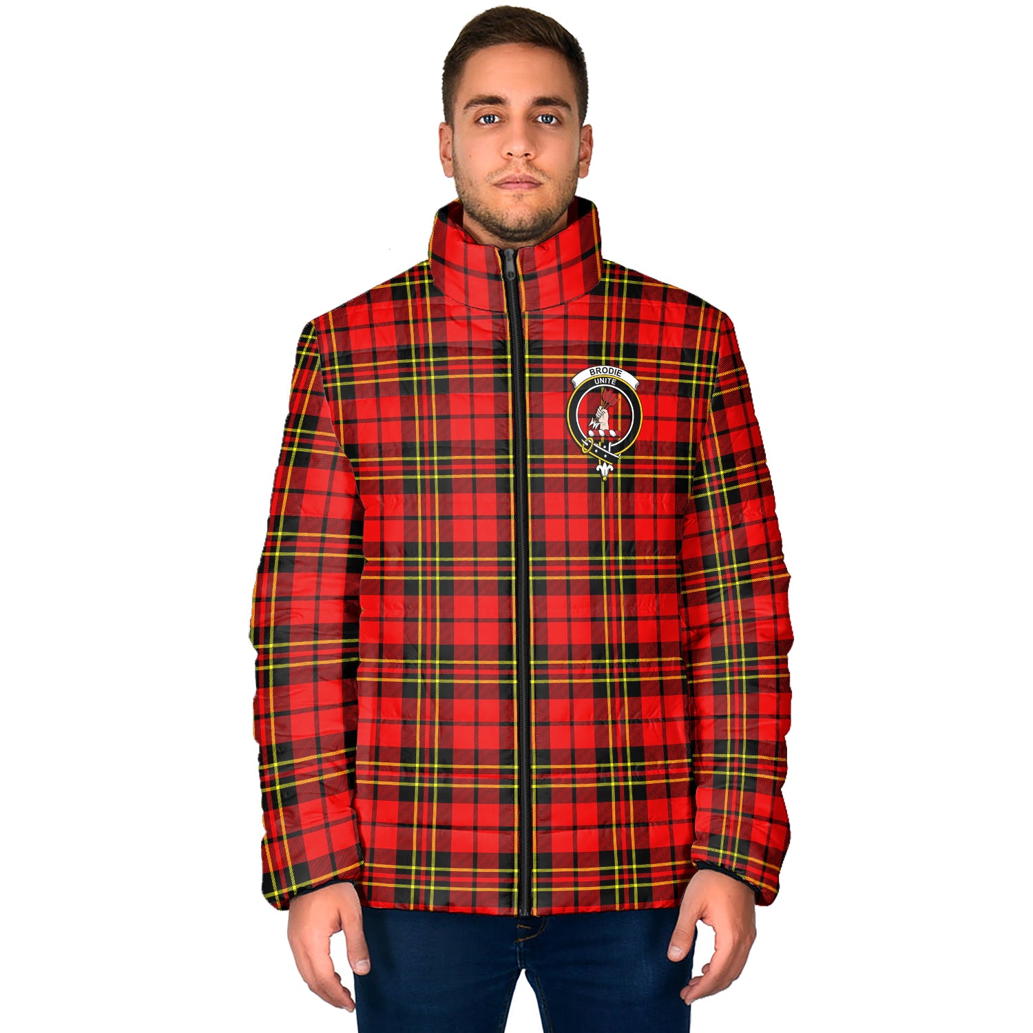 Brodie Modern Tartan Padded Jacket with Family Crest - Tartan Vibes Clothing