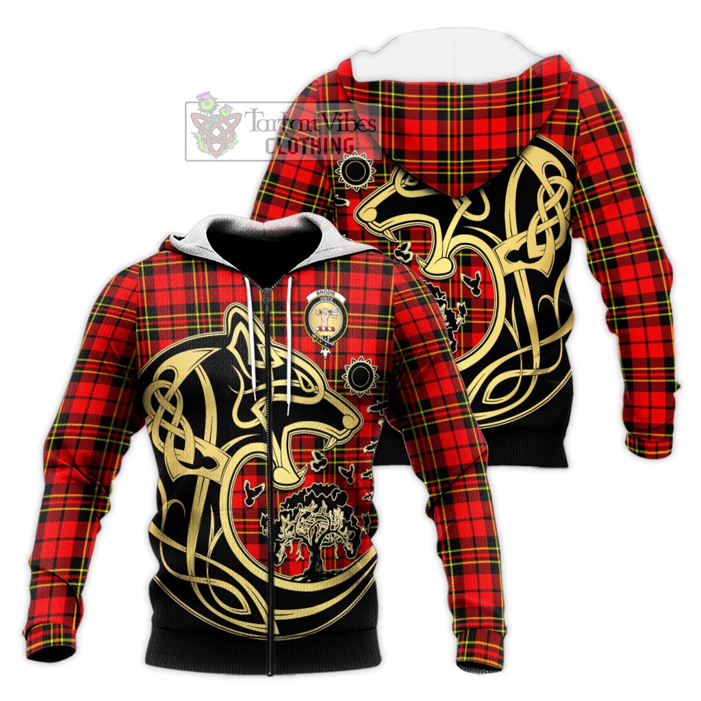 Tartan Vibes Clothing Brodie Modern Tartan Knitted Hoodie with Family Crest Celtic Wolf Style