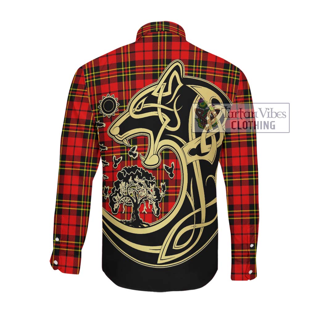 Tartan Vibes Clothing Brodie Modern Tartan Long Sleeve Button Shirt with Family Crest Celtic Wolf Style