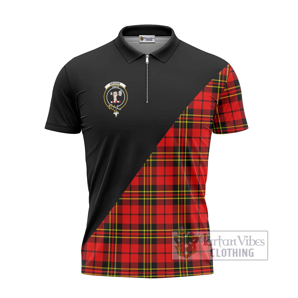 Brodie Modern Tartan Zipper Polo Shirt with Family Crest and Military Logo Style - Tartanvibesclothing Shop