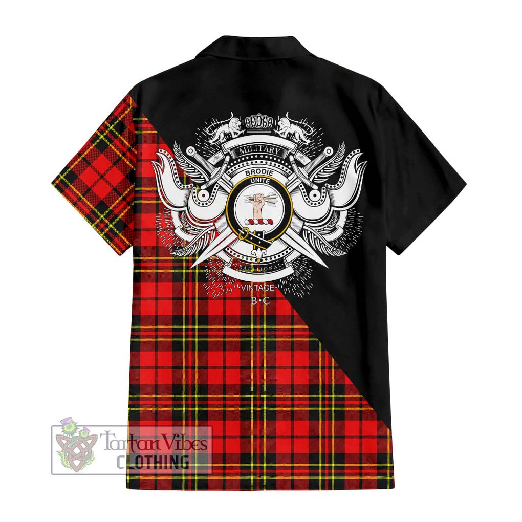 Brodie Modern Tartan Short Sleeve Button Shirt with Family Crest and Military Logo Style - Tartanvibesclothing Shop