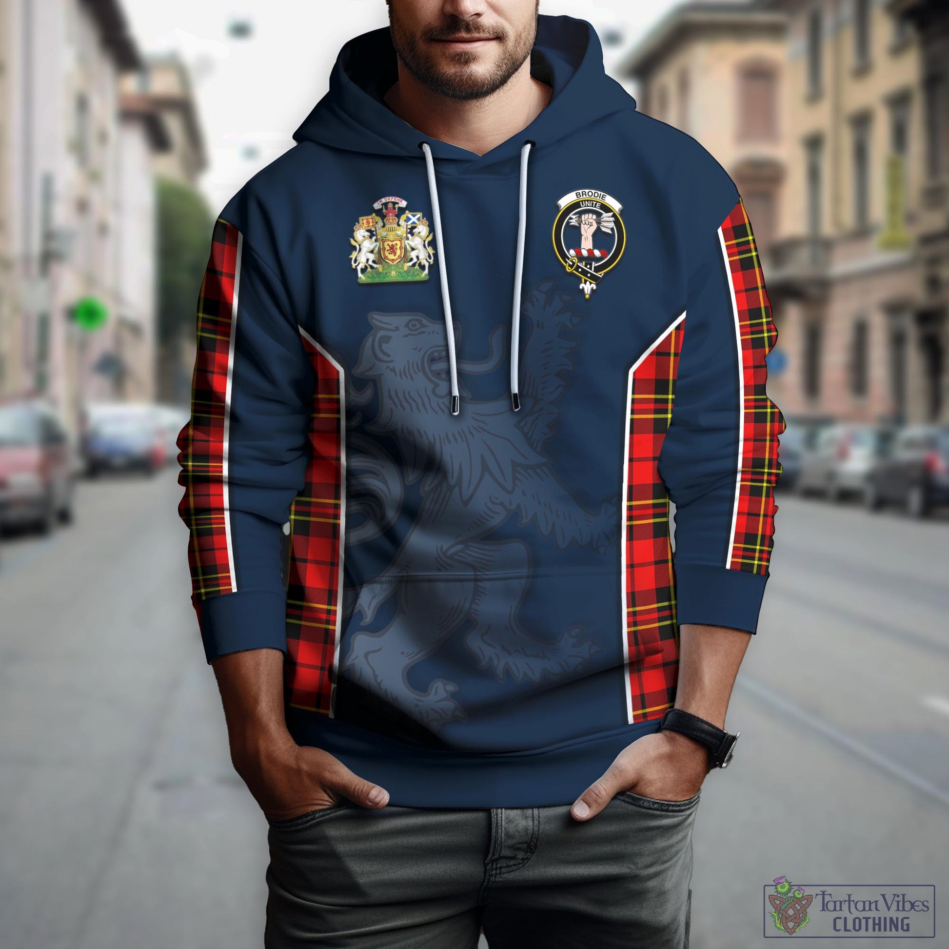 Tartan Vibes Clothing Brodie Modern Tartan Hoodie with Family Crest and Lion Rampant Vibes Sport Style