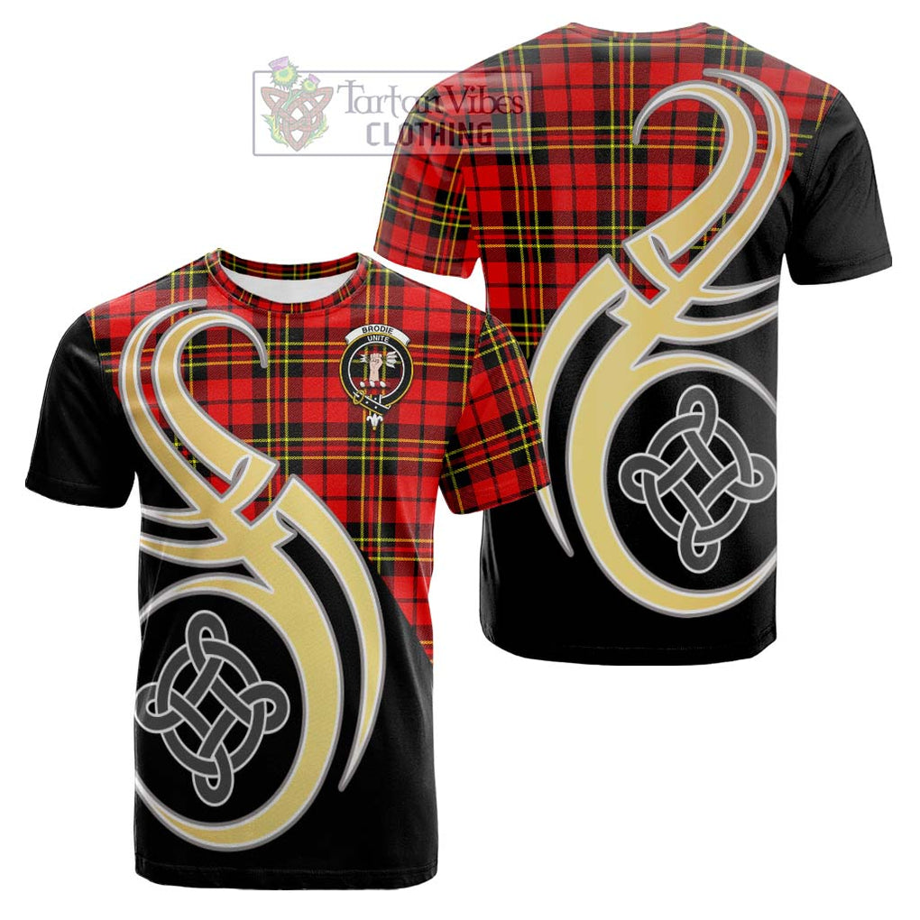 Tartan Vibes Clothing Brodie Modern Tartan Cotton T-shirt with Family Crest and Celtic Symbol Style