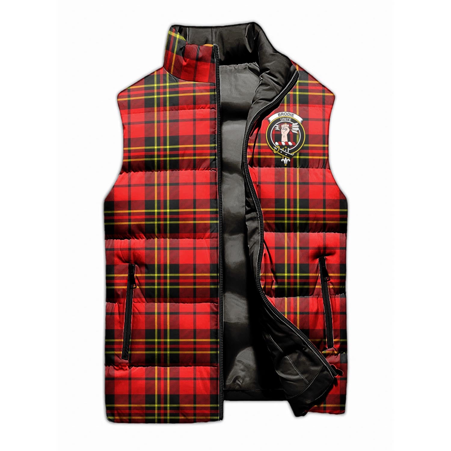 Brodie Modern Tartan Sleeveless Puffer Jacket with Family Crest - Tartanvibesclothing