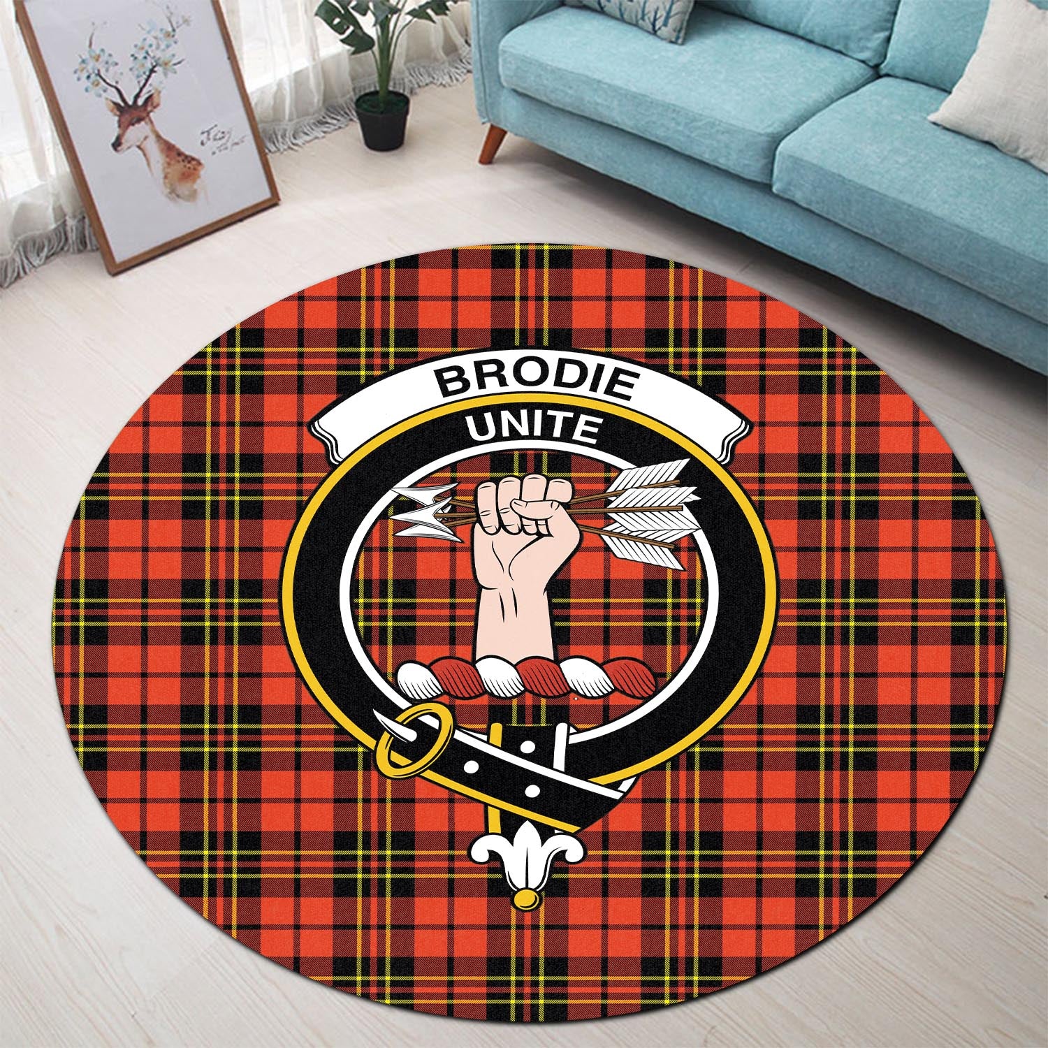 Brodie Modern Tartan Round Rug with Family Crest - Tartanvibesclothing