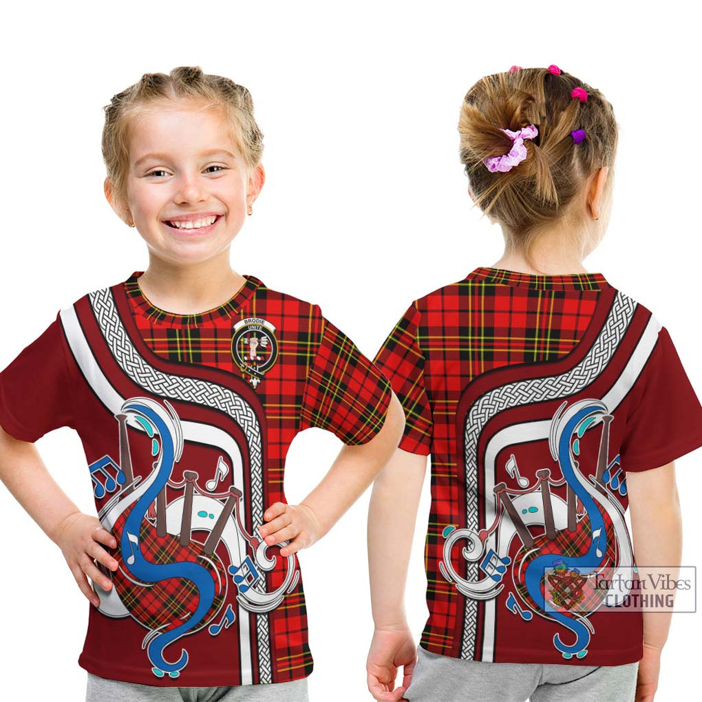 Tartan Vibes Clothing Brodie Modern Tartan Kid T-Shirt with Epic Bagpipe Style