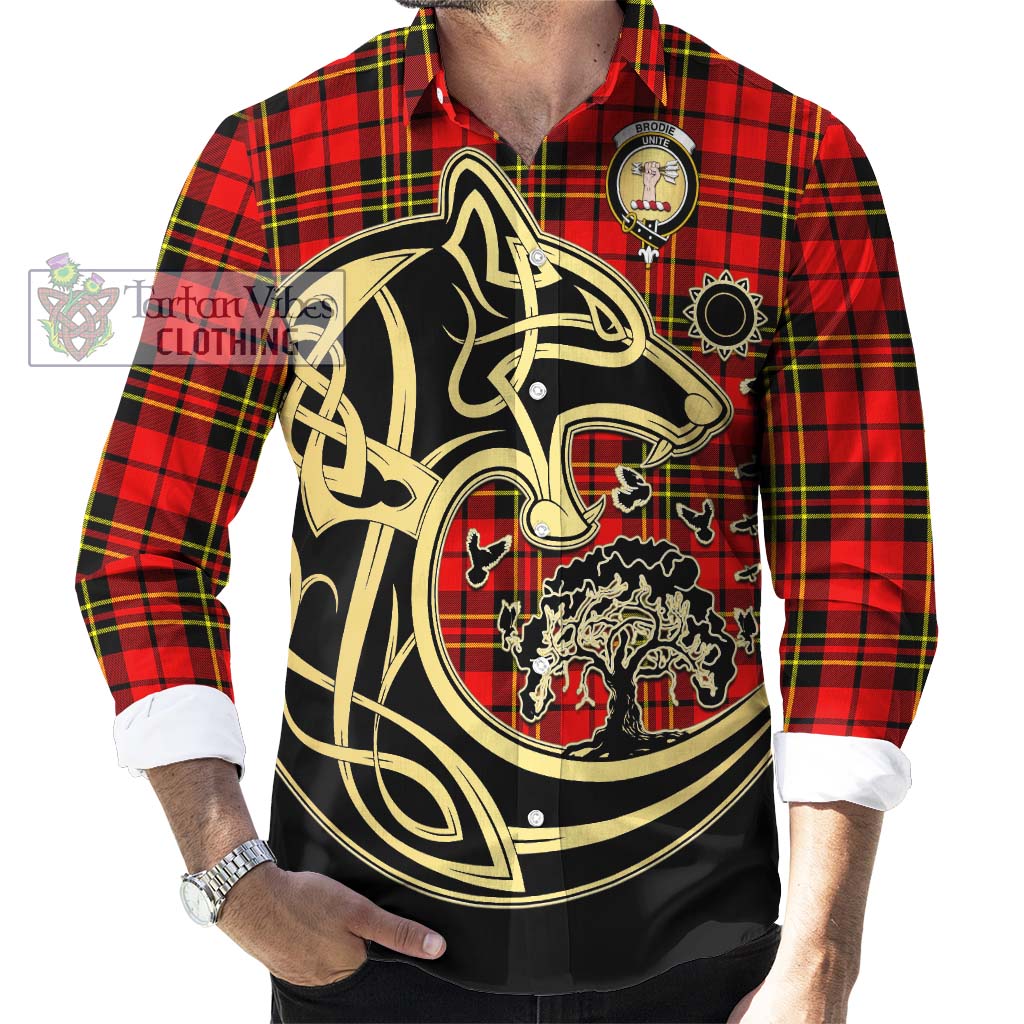 Tartan Vibes Clothing Brodie Modern Tartan Long Sleeve Button Shirt with Family Crest Celtic Wolf Style