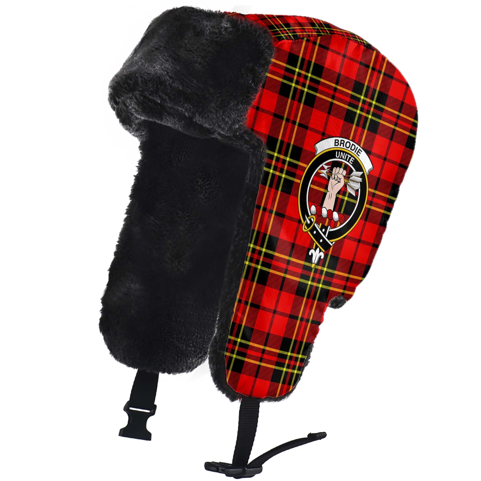 Brodie Modern Tartan Winter Trapper Hat with Family Crest - Tartanvibesclothing