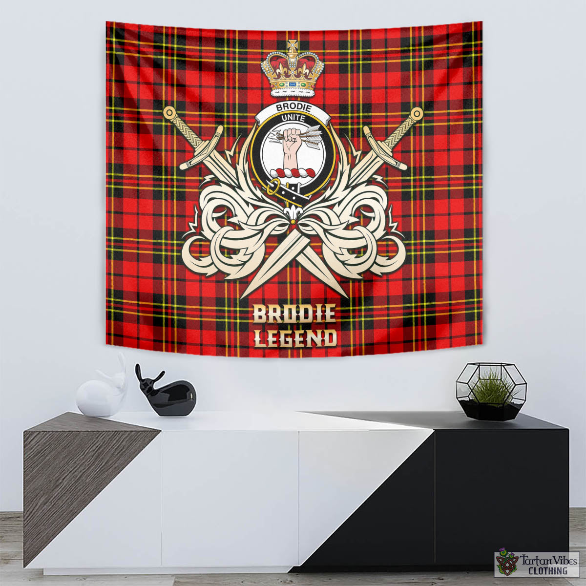 Tartan Vibes Clothing Brodie Modern Tartan Tapestry with Clan Crest and the Golden Sword of Courageous Legacy