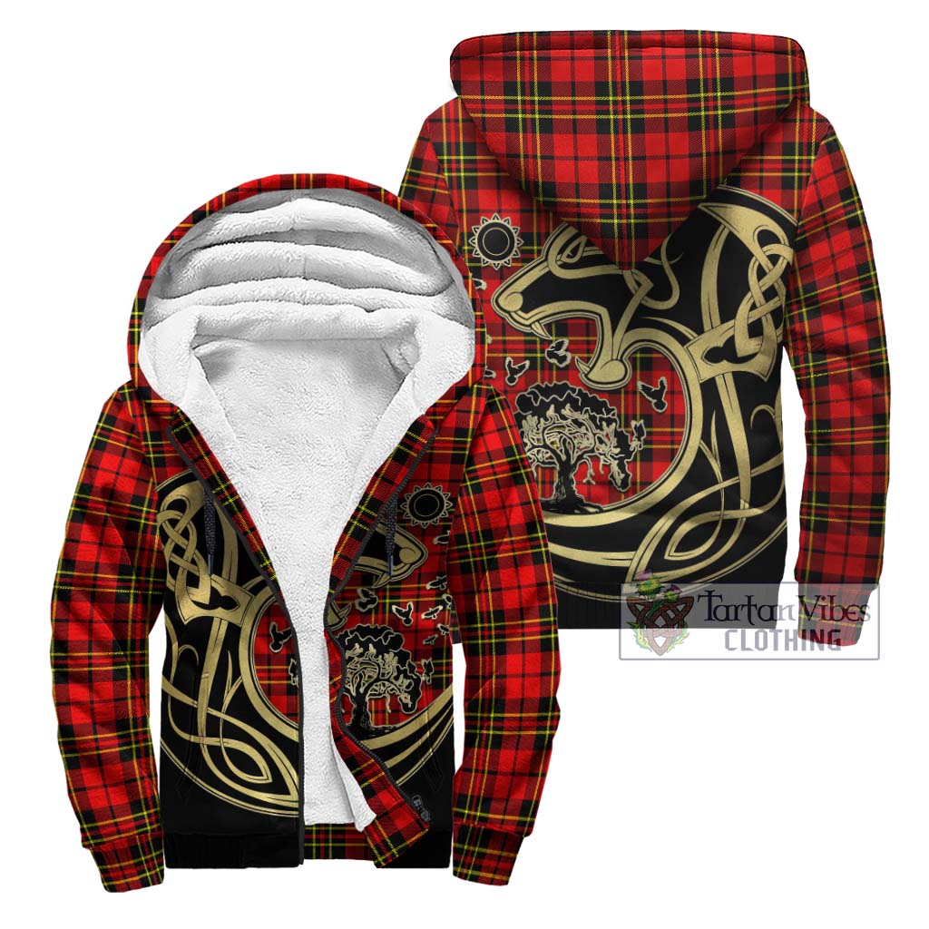 Tartan Vibes Clothing Brodie Modern Tartan Sherpa Hoodie with Family Crest Celtic Wolf Style