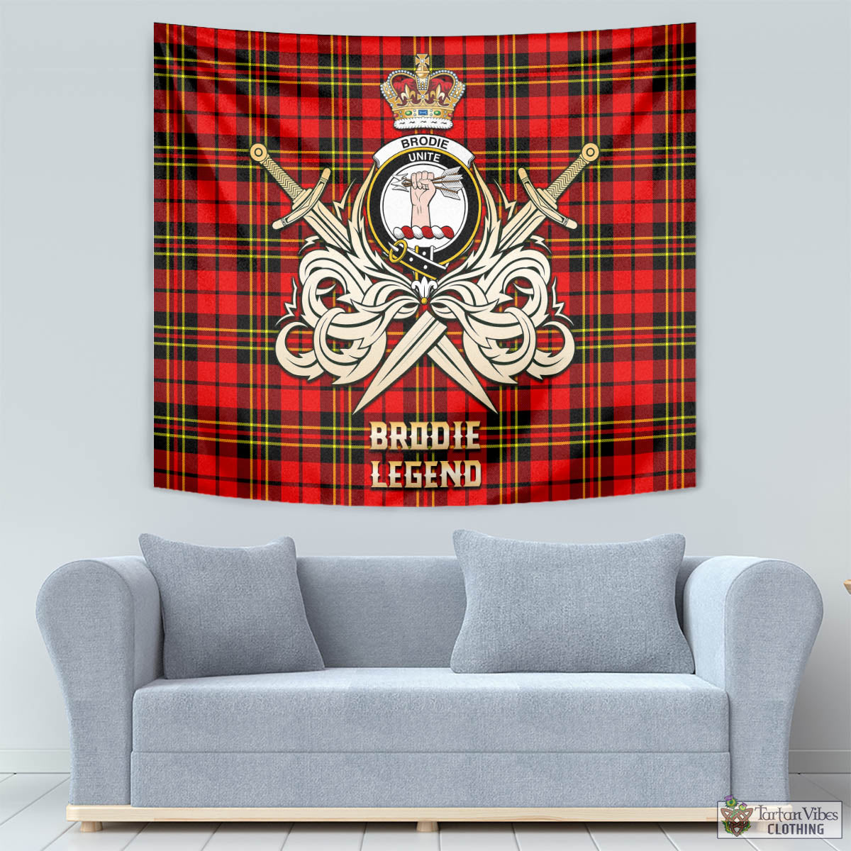 Tartan Vibes Clothing Brodie Modern Tartan Tapestry with Clan Crest and the Golden Sword of Courageous Legacy