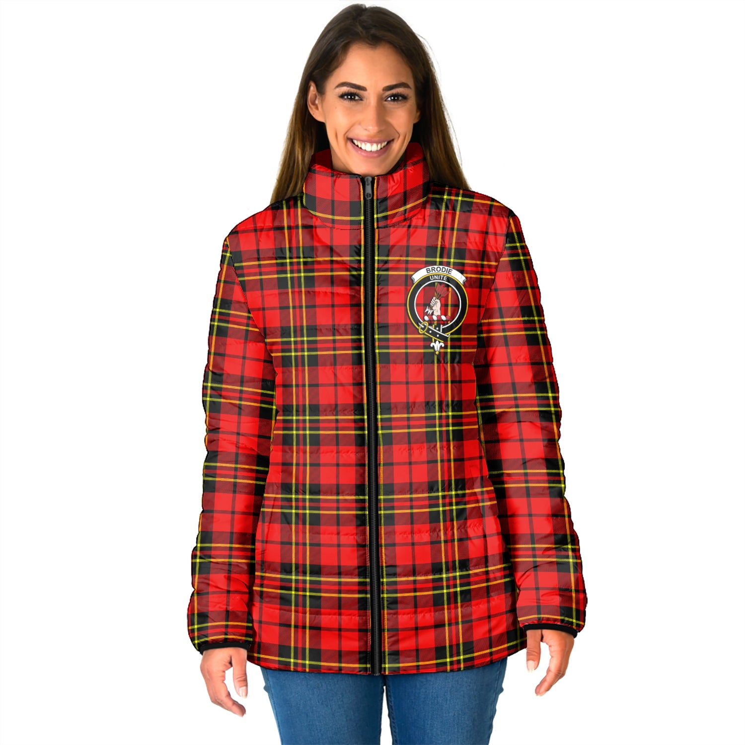 Brodie Modern Tartan Padded Jacket with Family Crest - Tartan Vibes Clothing