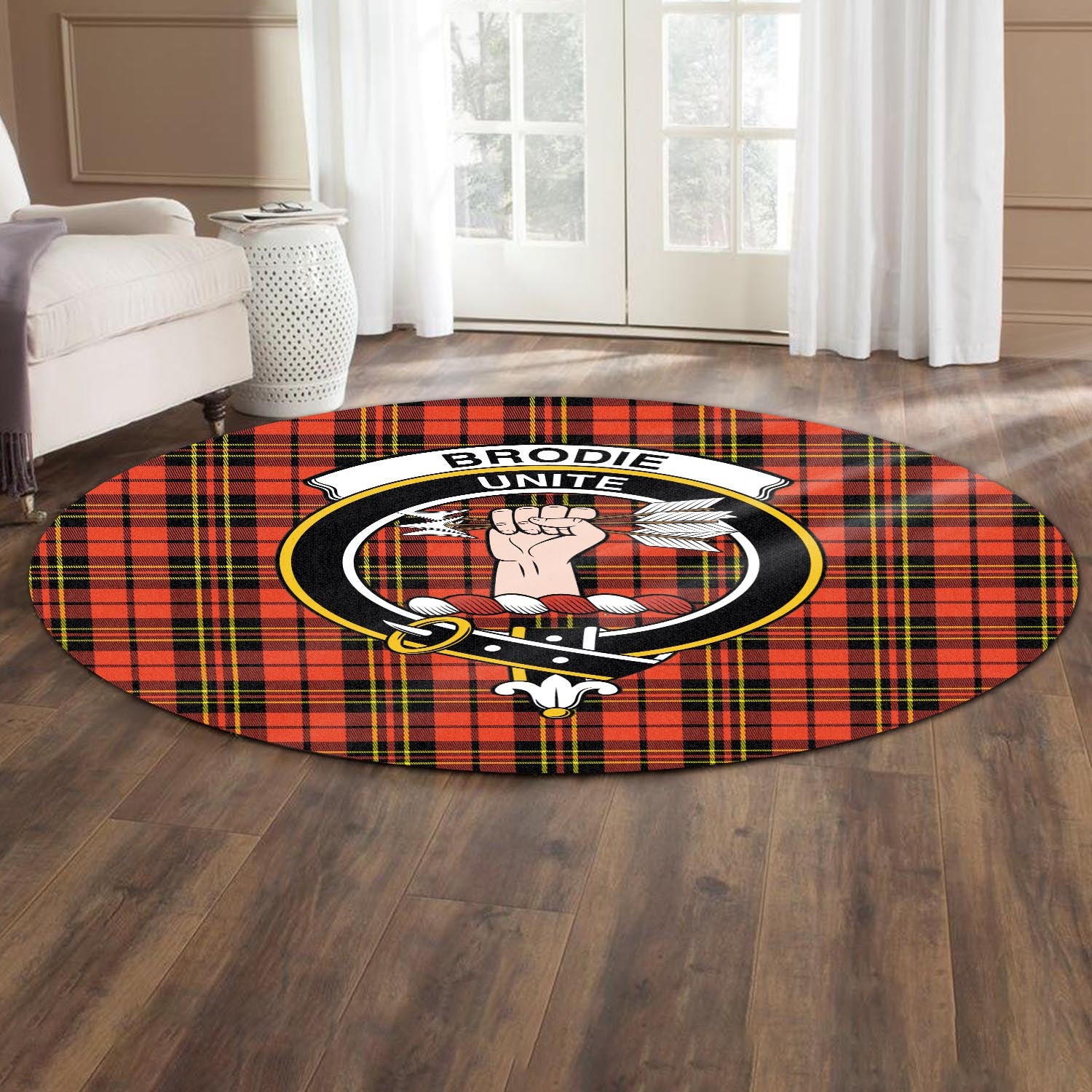 Brodie Modern Tartan Round Rug with Family Crest - Tartanvibesclothing