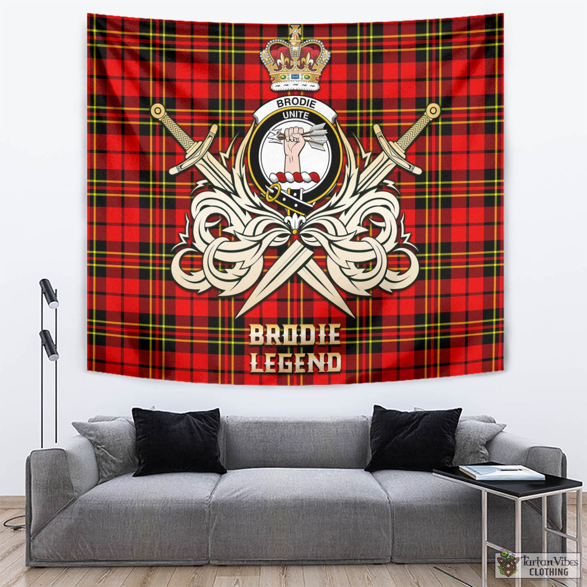 Tartan Vibes Clothing Brodie Modern Tartan Tapestry with Clan Crest and the Golden Sword of Courageous Legacy