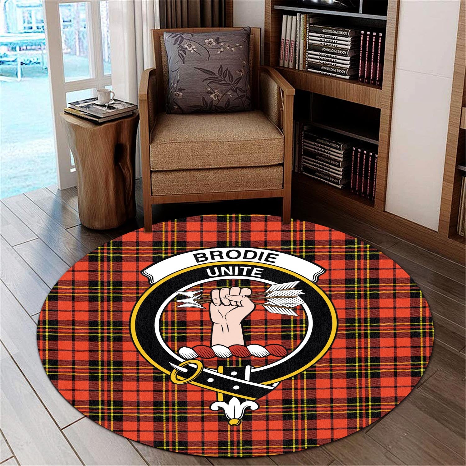 Brodie Modern Tartan Round Rug with Family Crest - Tartanvibesclothing