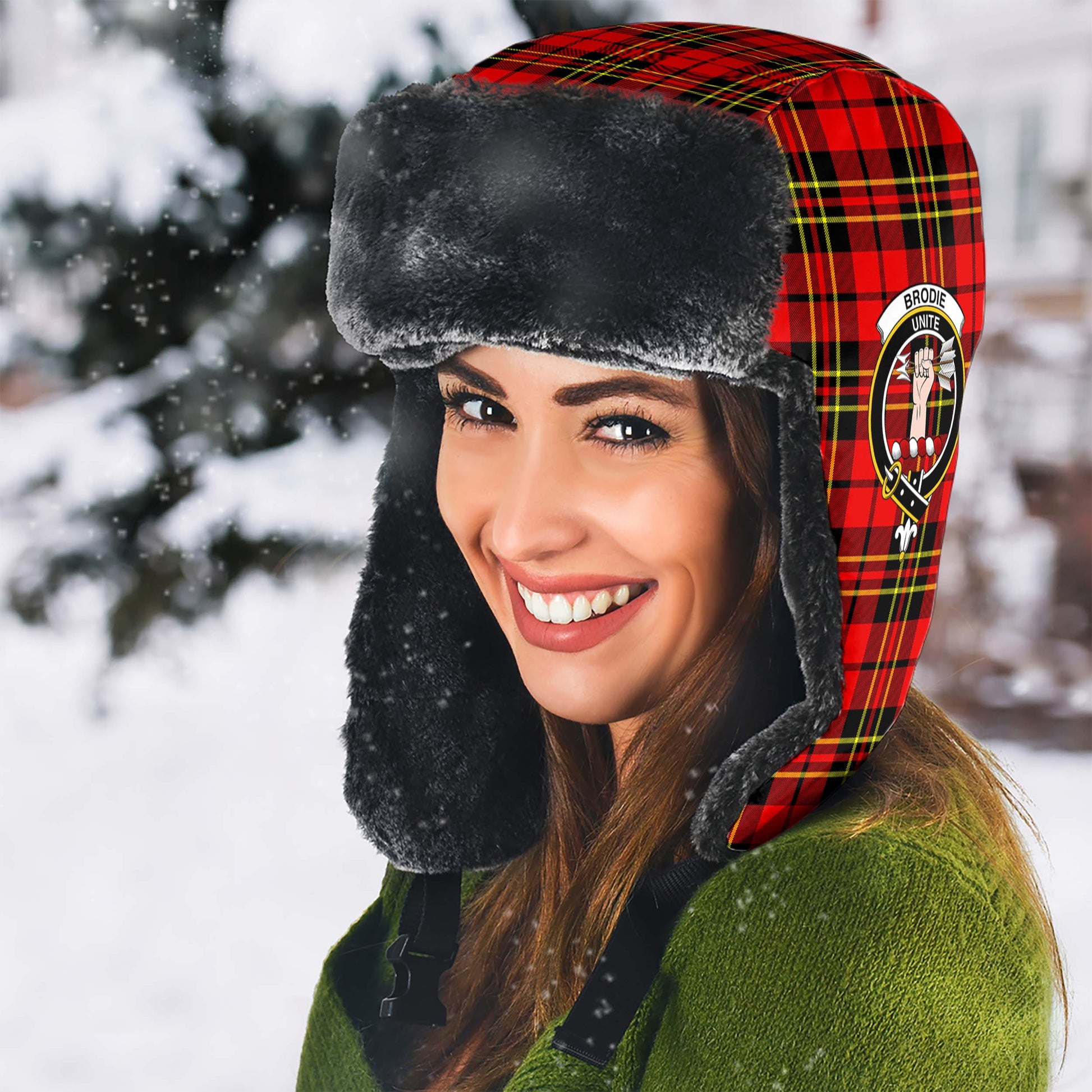 Brodie Modern Tartan Winter Trapper Hat with Family Crest - Tartanvibesclothing