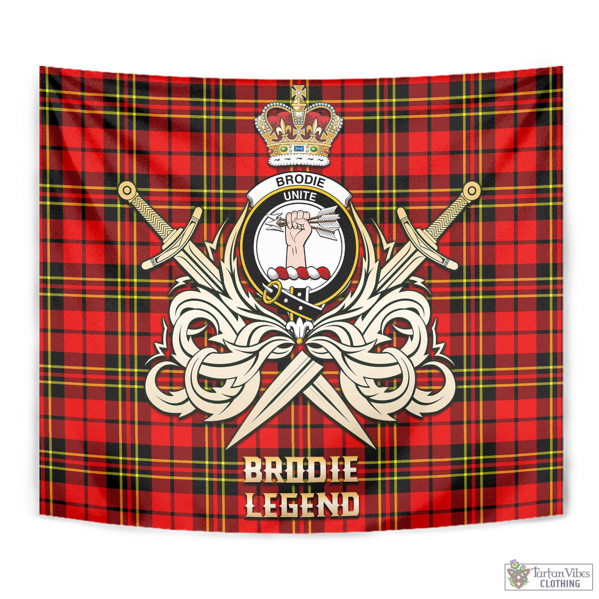 Tartan Vibes Clothing Brodie Modern Tartan Tapestry with Clan Crest and the Golden Sword of Courageous Legacy