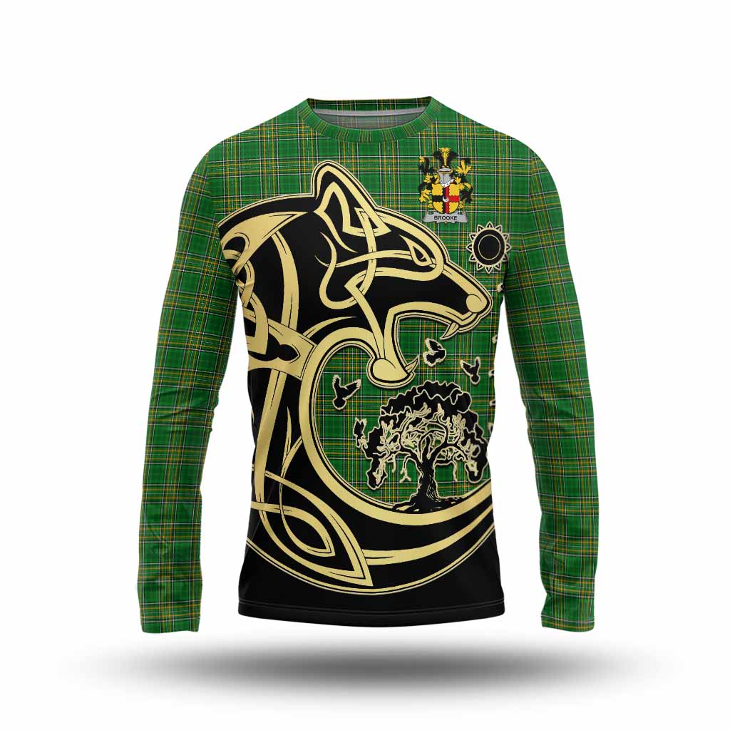 Tartan Vibes Clothing Brooke Irish Tartan Long Sleeve T-Shirt with Coat of Arms Celtic Wolf Style