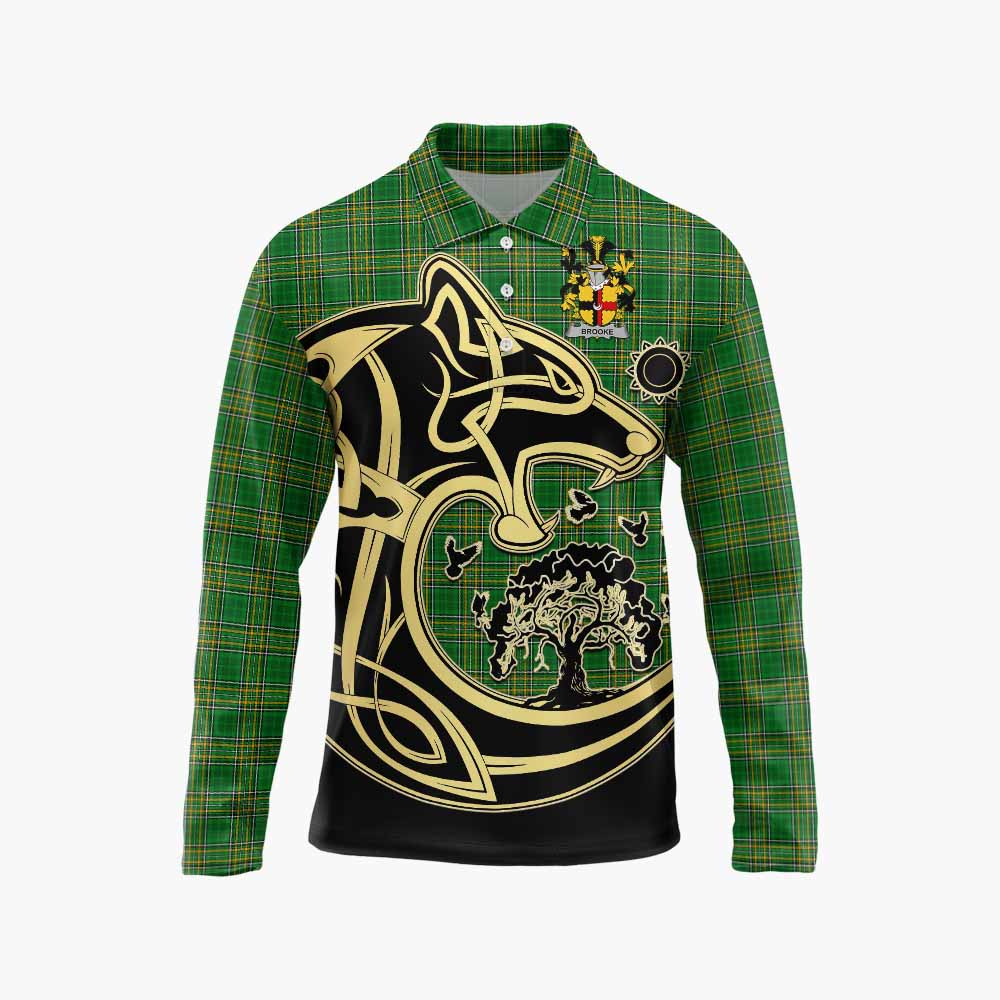 Tartan Vibes Clothing Brooke Irish Tartan Long Sleeve Polo Shirt with Coat of Arms Celtic Wolf Style