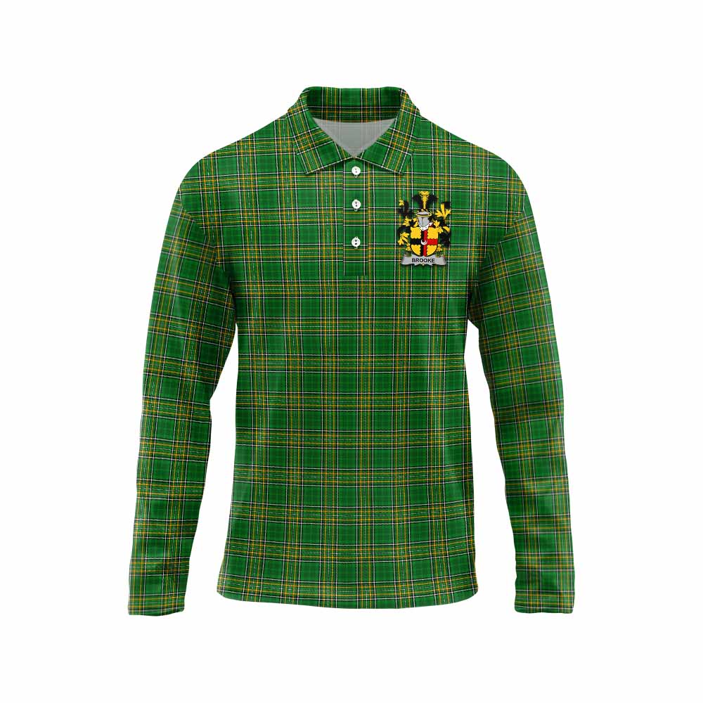 Tartan Vibes Clothing Brooke Irish Clan Tartan Long Sleeve Polo Shirt with Coat of Arms