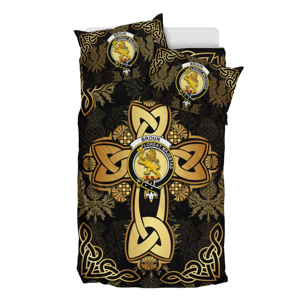 Broun Clan Bedding Sets Gold Thistle Celtic Style - Tartanvibesclothing