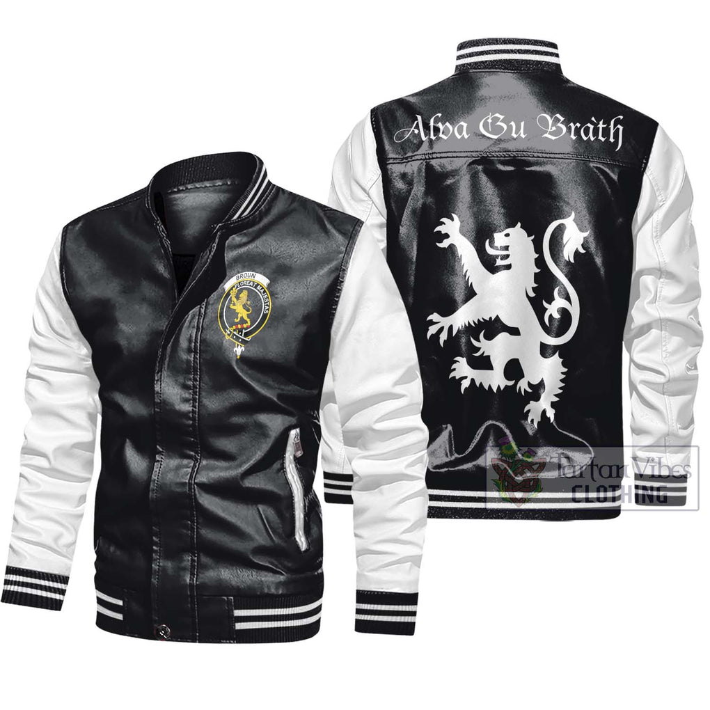 Broun Family Crest Leather Bomber Jacket Lion Rampant Alba Gu Brath Style Black - White Unisex - 2D-tartanvibesclothing