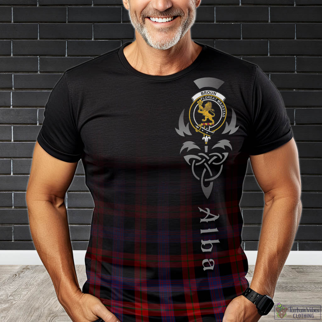 Tartan Vibes Clothing Broun Modern Tartan T-Shirt Featuring Alba Gu Brath Family Crest Celtic Inspired