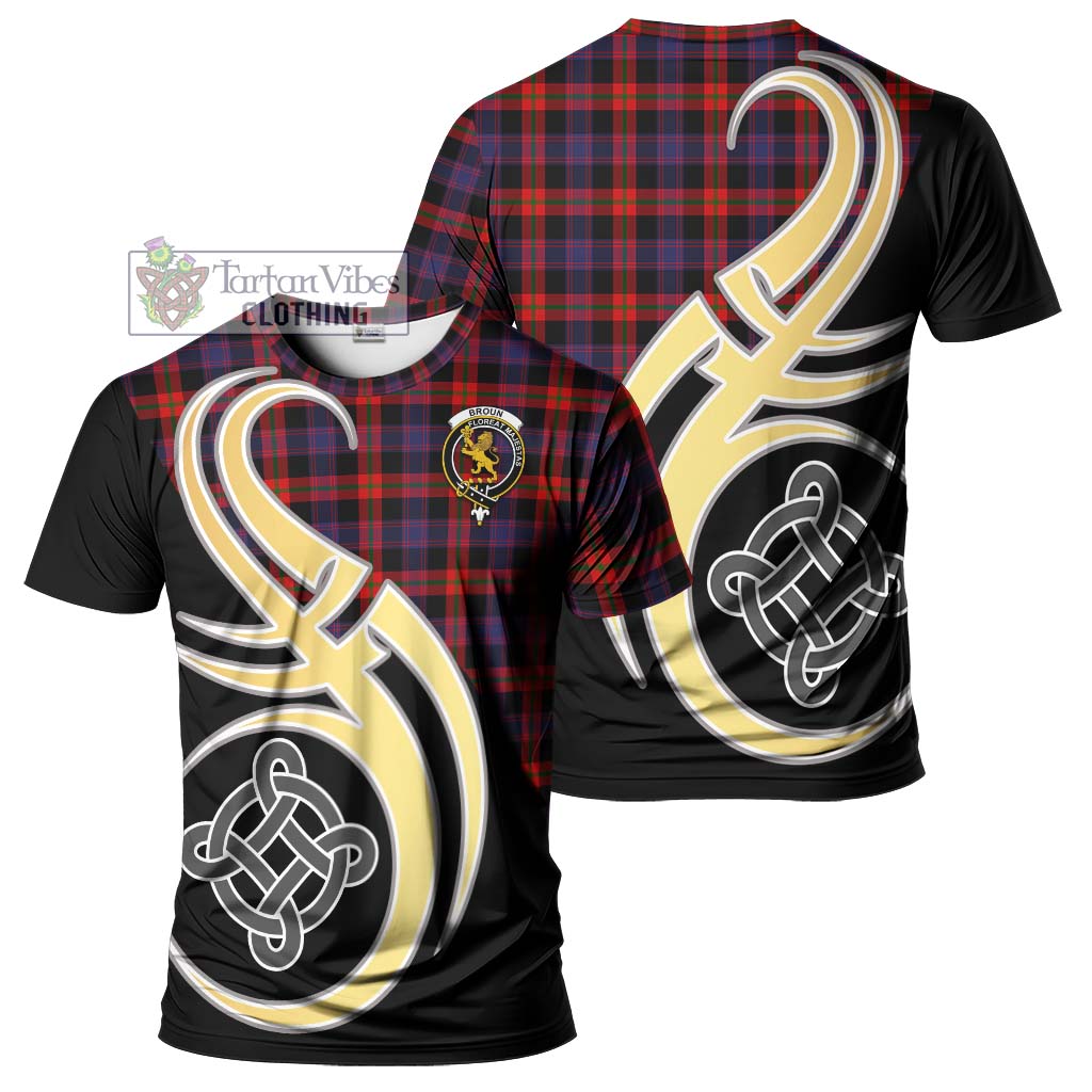 Tartan Vibes Clothing Broun Modern Tartan T-Shirt with Family Crest and Celtic Symbol Style