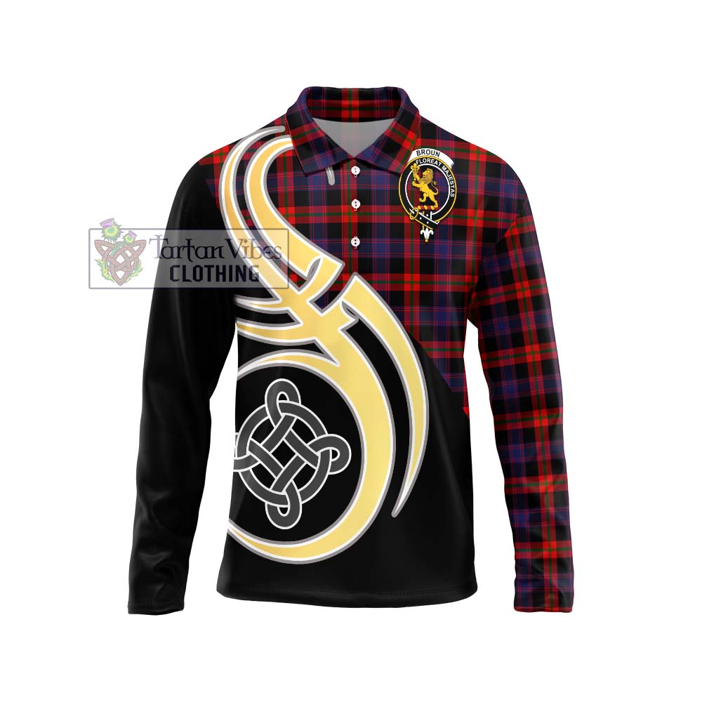 Broun Modern Tartan Long Sleeve Polo Shirt with Family Crest and Celtic Symbol Style Unisex - Tartan Vibes Clothing