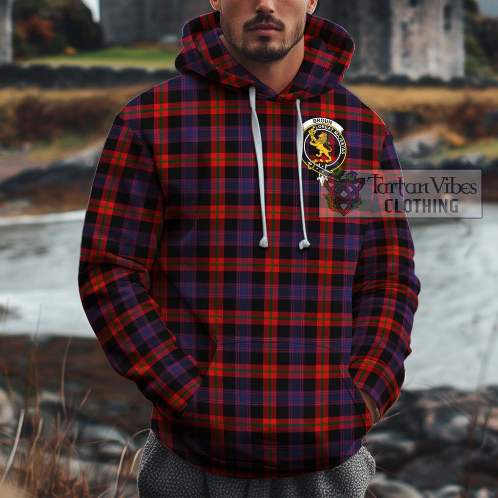 Broun Modern Tartan Cotton Hoodie with Family Crest Pullover Hoodie XS - Tartan Vibes Clothing