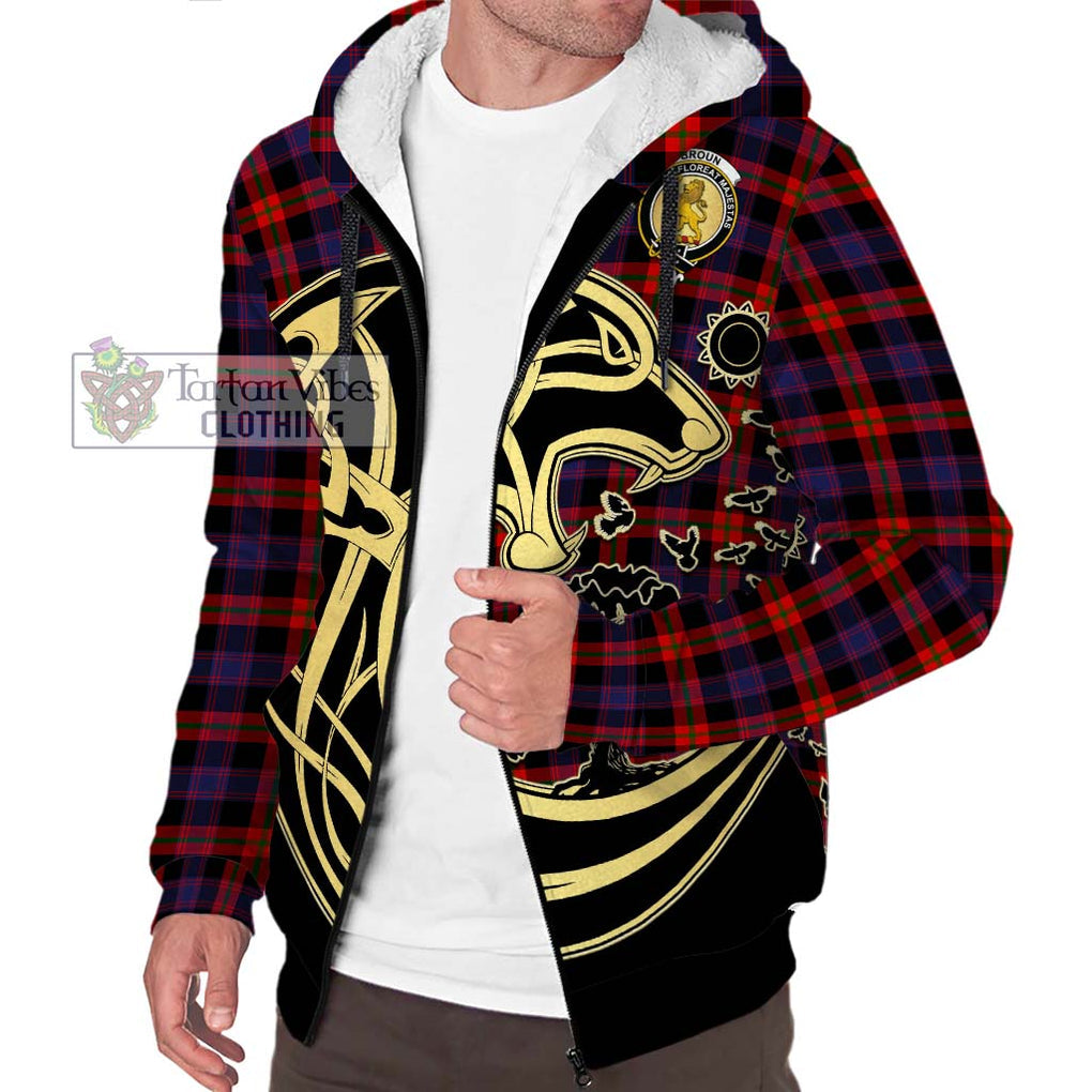 Broun Modern Tartan Sherpa Hoodie with Family Crest Celtic Wolf Style Unisex S - Tartan Vibes Clothing