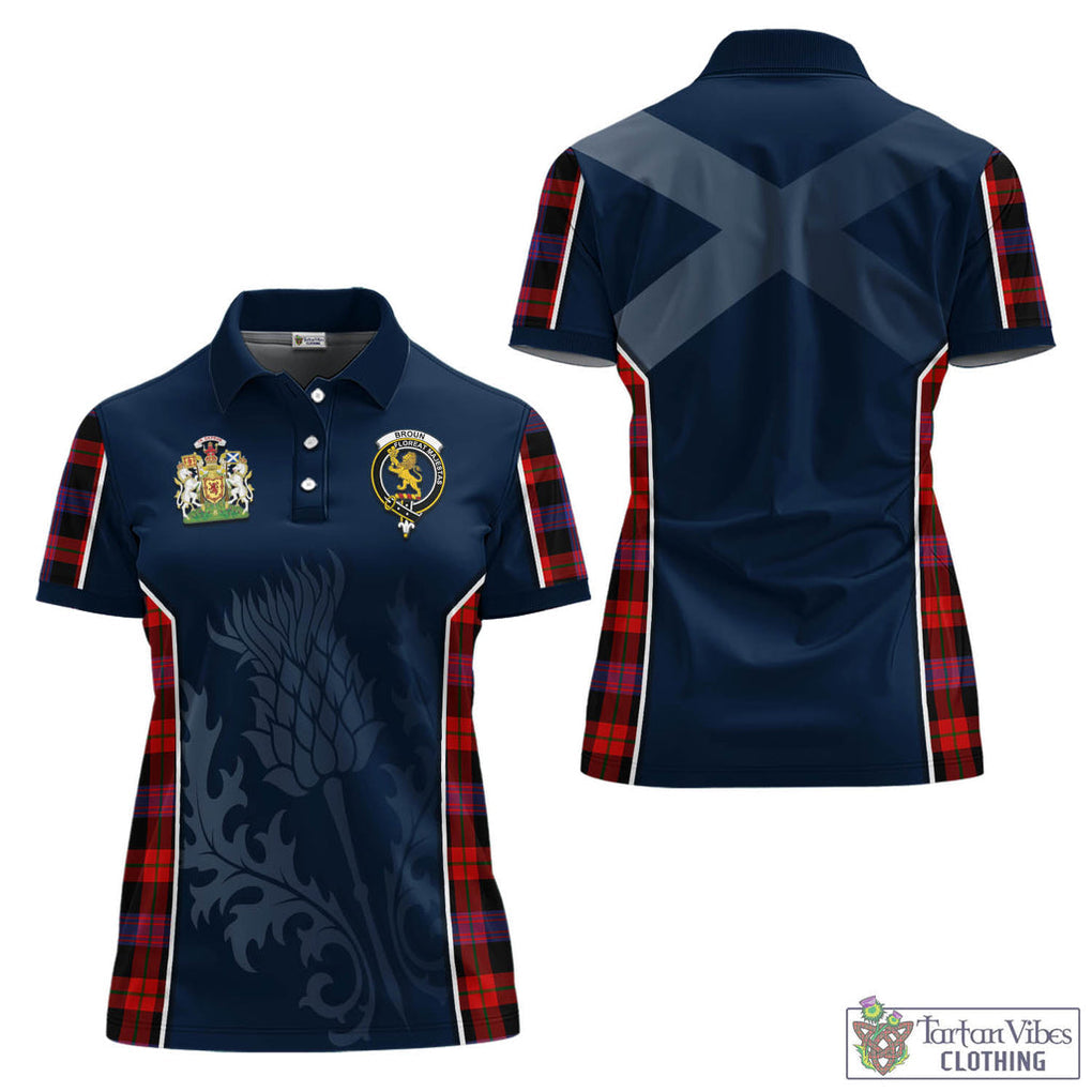 Tartan Vibes Clothing Broun Modern Tartan Women's Polo Shirt with Family Crest and Scottish Thistle Vibes Sport Style