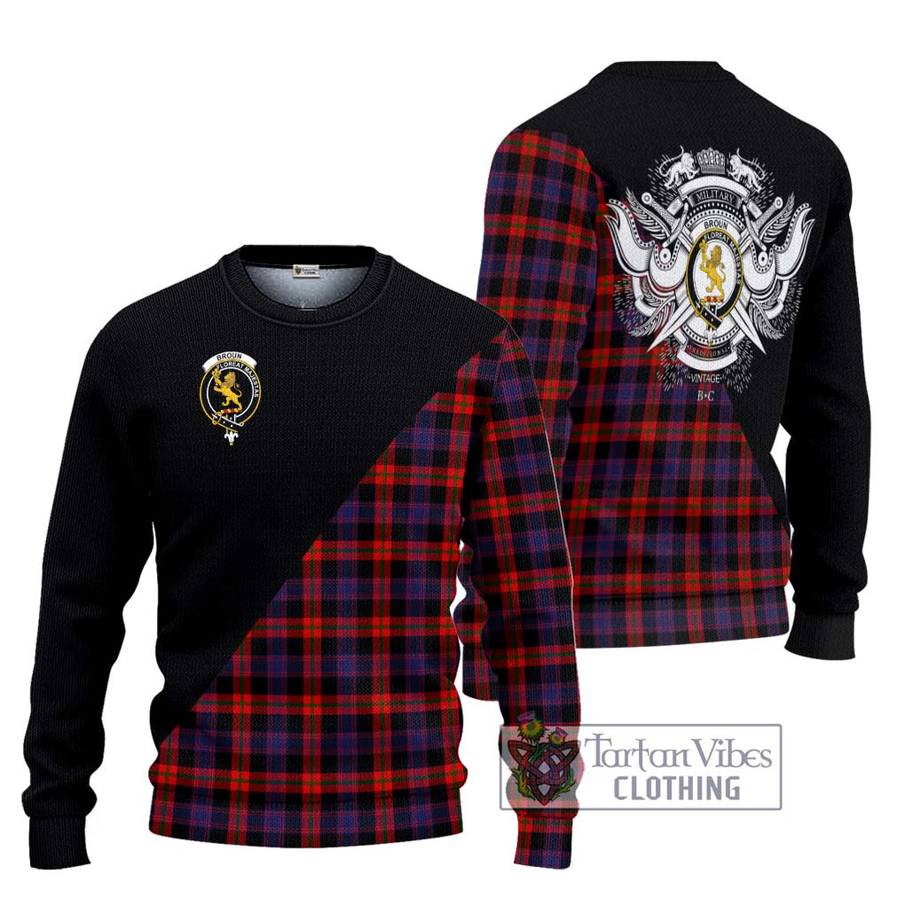 Broun Modern Tartan Knitted Sweater with Family Crest and Military Logo Style Unisex - Tartanvibesclothing Shop