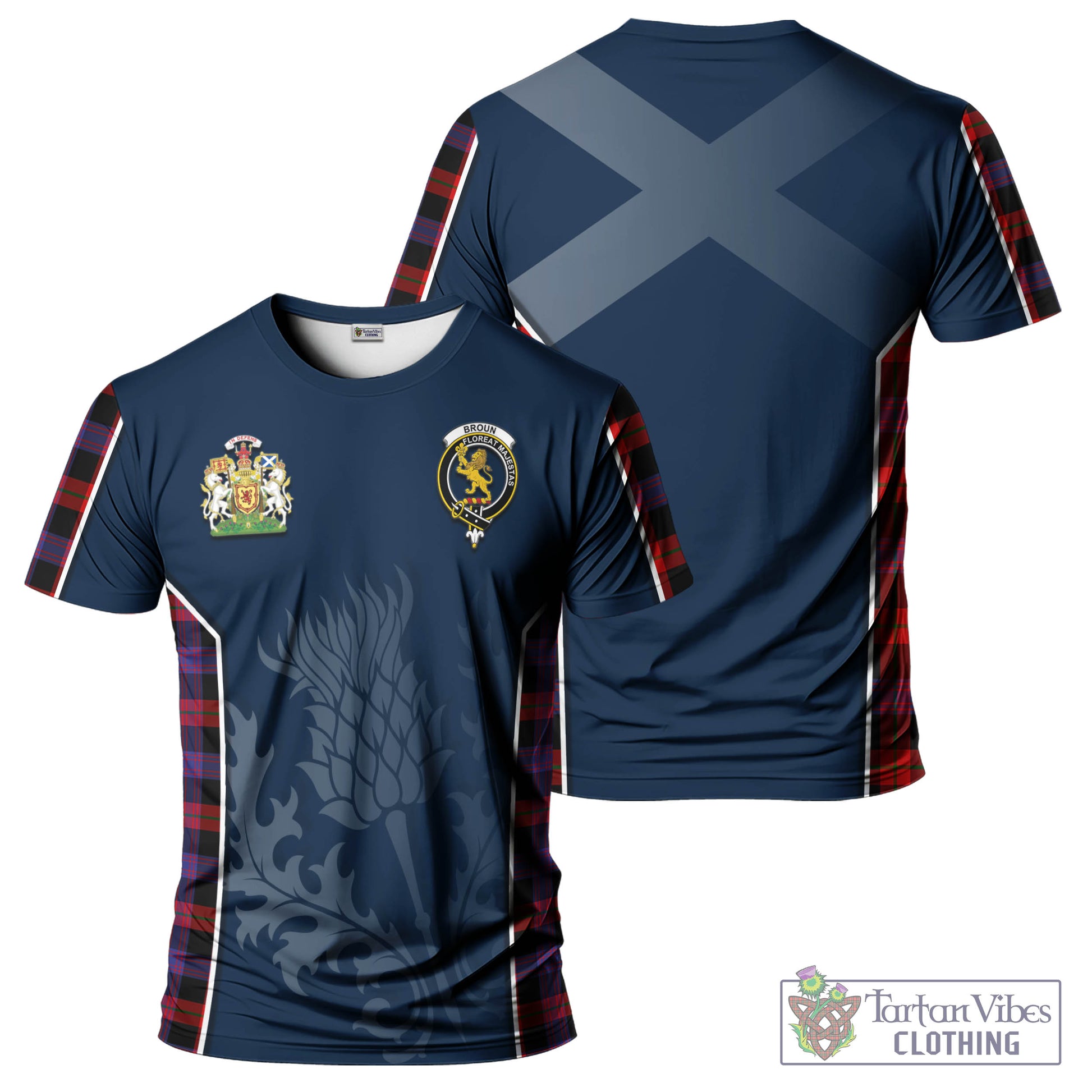 Tartan Vibes Clothing Broun Modern Tartan T-Shirt with Family Crest and Scottish Thistle Vibes Sport Style