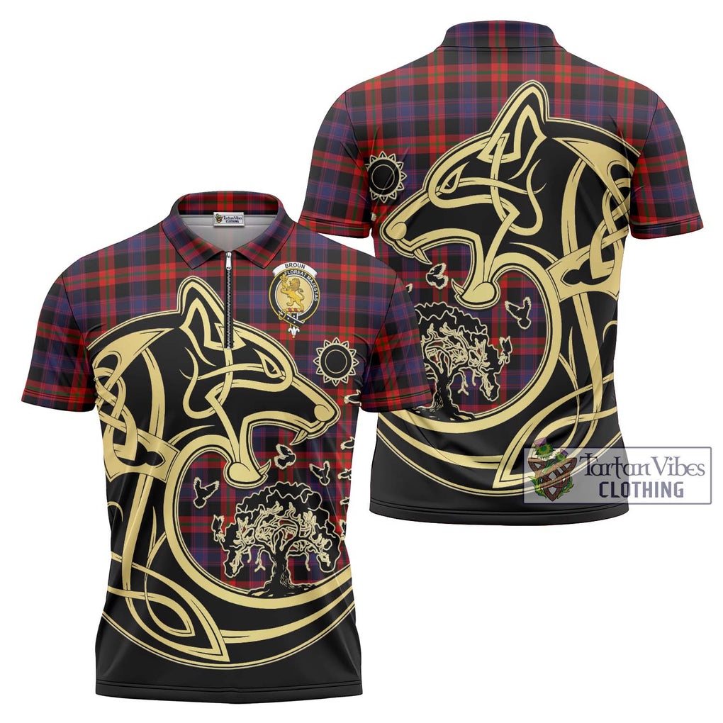 Broun Modern Tartan Zipper Polo Shirt with Family Crest Celtic Wolf Style Unisex - Tartanvibesclothing Shop