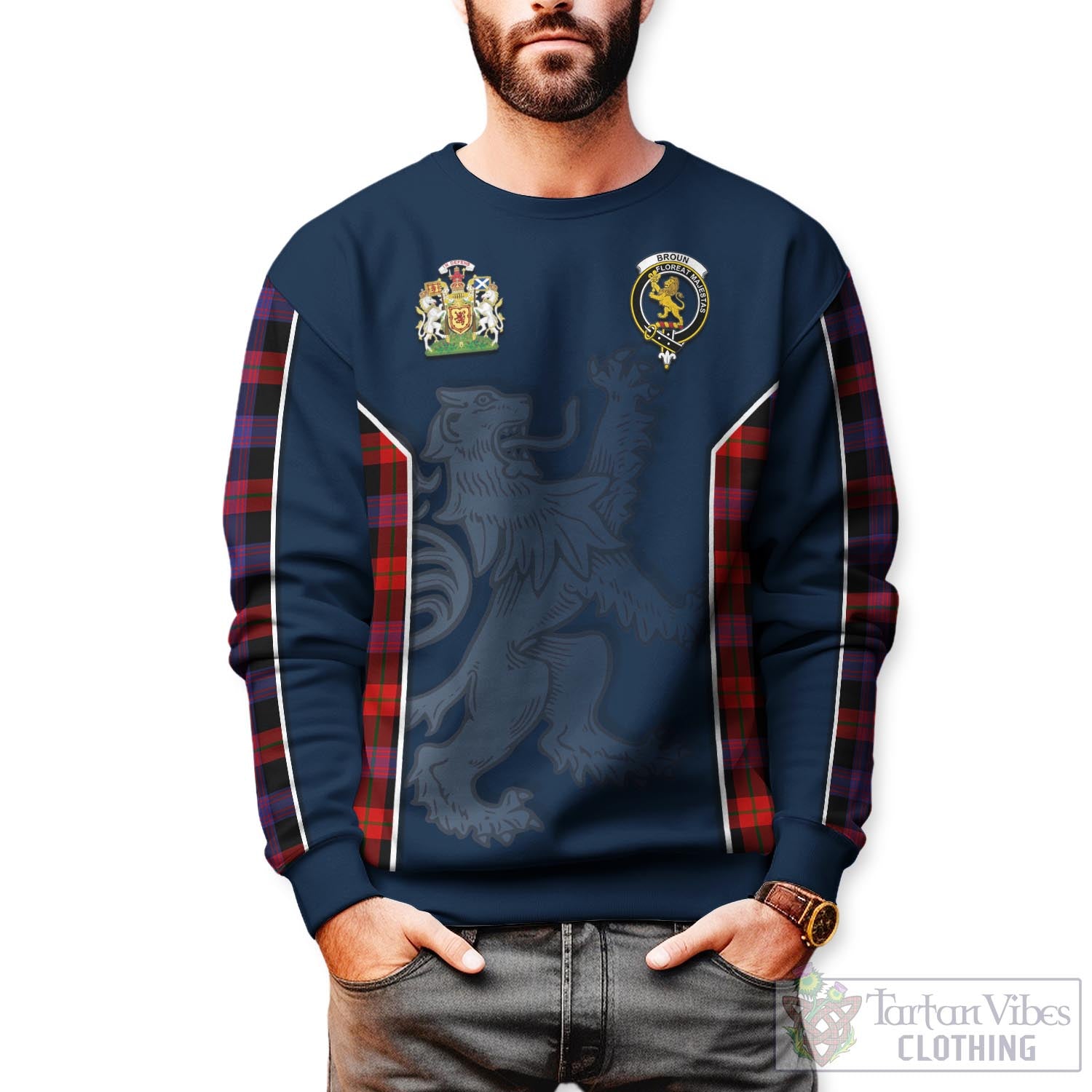 Tartan Vibes Clothing Broun Modern Tartan Sweater with Family Crest and Lion Rampant Vibes Sport Style