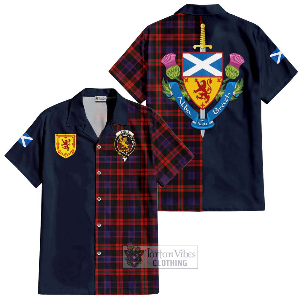 Tartan Vibes Clothing Broun Modern Tartan Short Sleeve Button Shirt with Scottish Lion Royal Arm Half Style