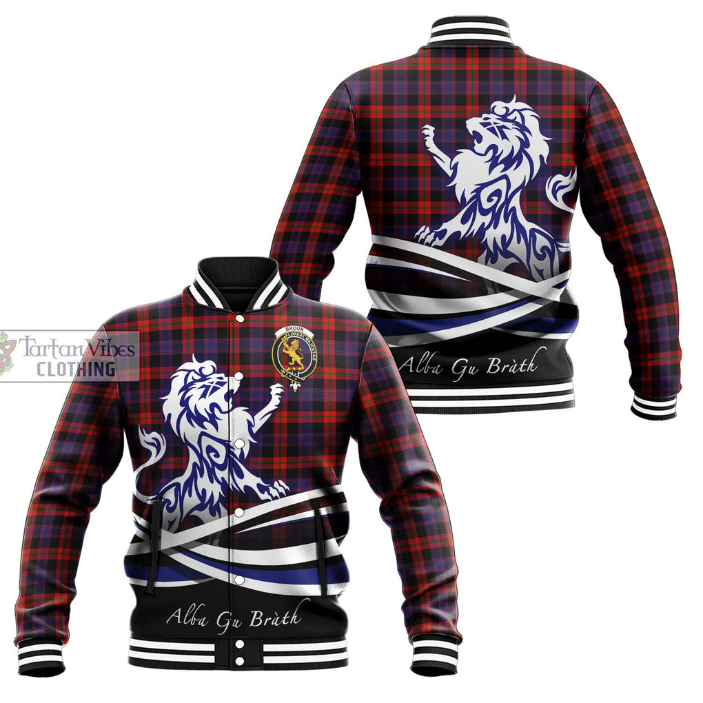 Broun Modern Tartan Baseball Jacket with Alba Gu Brath Regal Lion Emblem Unisex - Tartanvibesclothing Shop