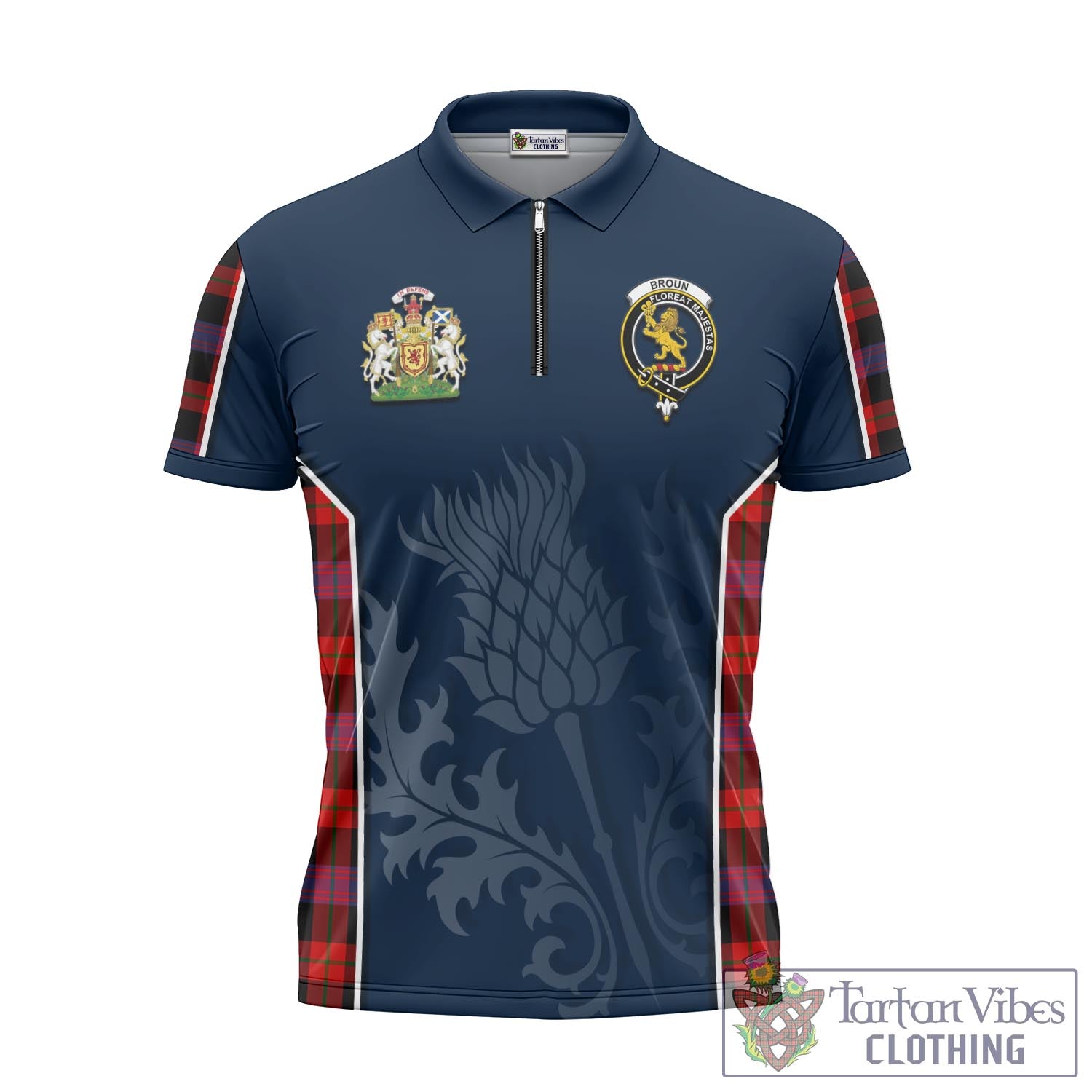 Tartan Vibes Clothing Broun Modern Tartan Zipper Polo Shirt with Family Crest and Scottish Thistle Vibes Sport Style