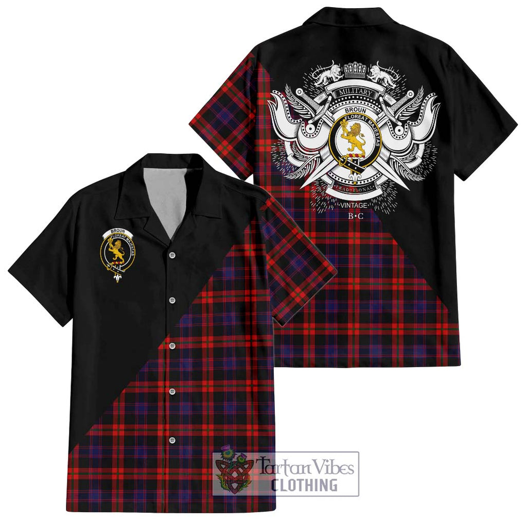 Broun Modern Tartan Short Sleeve Button Shirt with Family Crest and Military Logo Style Kid - Tartanvibesclothing Shop