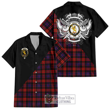 Broun Modern Tartan Short Sleeve Button Shirt with Family Crest and Military Logo Style